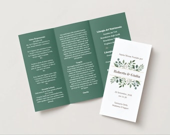 Libretto Tripartito Matrimonio Cattolico / Libretto Cerimonia Religiosa / Template Digitale Personalizzabile / Minimal Bianco Verde