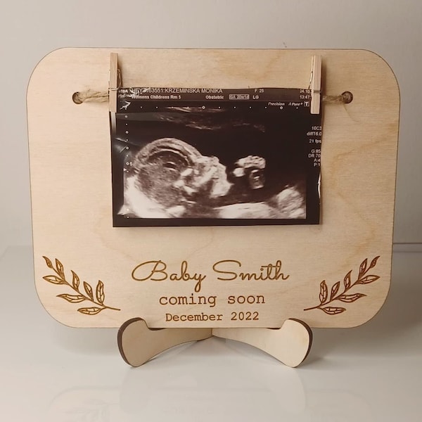 Baby zwangerschap aankondiging teken, Baby scan houten bord, vervaldatum, binnenkort beschikbaar, zwangerschap aankondiging, baby scan frame met naam, aankomst