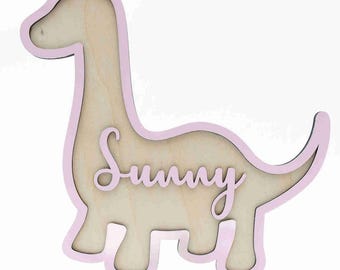 Personalised Wooden Dinosaur Name Sign for Kids Bedroom - Hand Painted Brachiosaurus - Room Decor, Nursery Door Plaque, Kids Room Wall Art