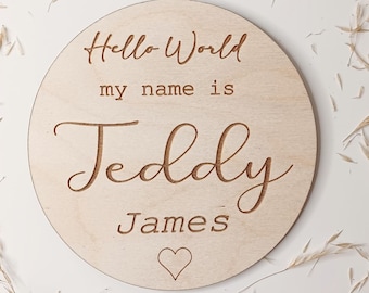 Personalised Baby Arrival Sign, Engraved Baby Name Plaque, Hello World My Name Is, Welcome To The World, Social Media Photo Prop Disc, Baby
