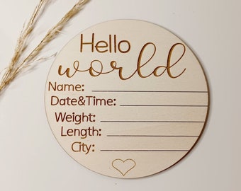 Hello World My Name Is Sign l Engraved Baby Name Plaque | Wooden Birth Gift | Social Media Photo Prop Disc | Personalised Baby Arrival Sign