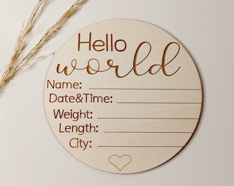 Hello World My Name Is Sign l Engraved Baby Name Plaque | Wooden Birth Gift | Social Media Photo Prop Disc | Personalised Baby Arrival Sign