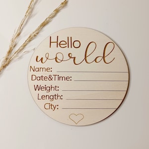 Hello World My Name Is Sign l Engraved Baby Name Plaque | Wooden Birth Gift | Social Media Photo Prop Disc | Personalised Baby Arrival Sign