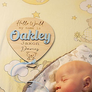 Baby Announcement Balloon Plaque | Hello World | Welcome To The World | Baby Name Sign | Birth Announcement | Personalised Baby Gifts | Sign