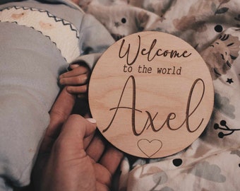 Personalised Baby Arrival Sign, Engraved Baby Name Plaque, Hello World My Name Is, Welcome To The World, Social Media Photo Prop Disc, Baby