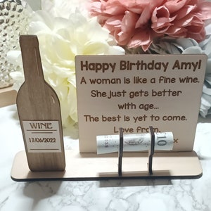 Presente de aniversário, presente de aniversário, presente de dinheiro, para ela, garrafa de vinho personalizada, cartão personalizado, presente de dinheiro, para mulher