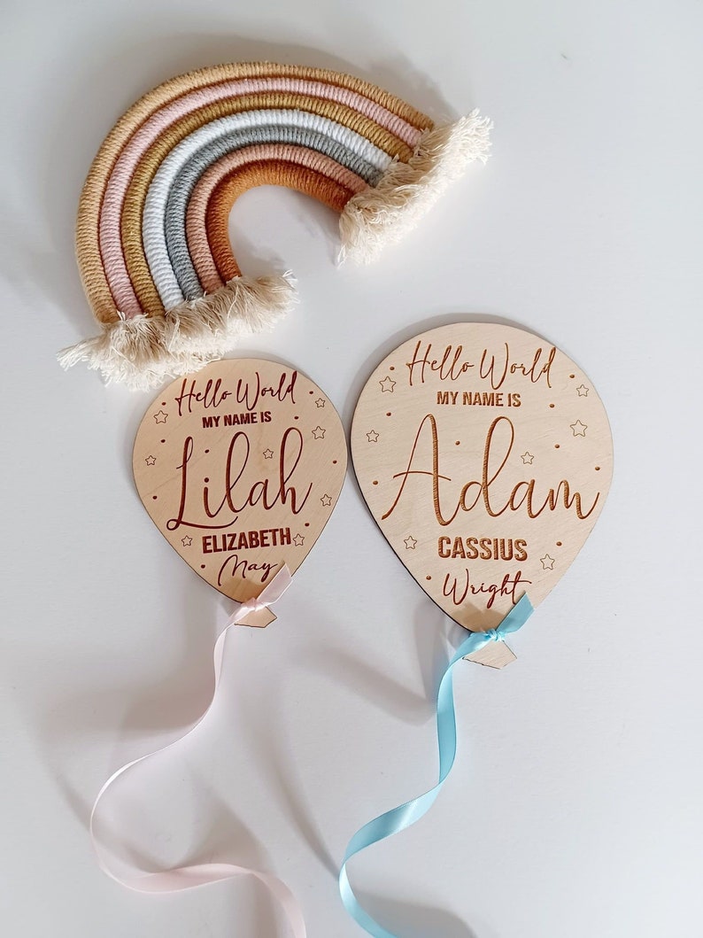 Personalised Baby Arrival Sign Hello World Welcome To The World Baby Photo Prop Baby Announcement Balloon Plaque Baby Name Sign image 1