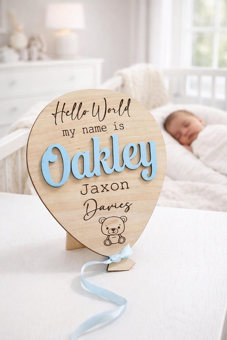 Baby Announcement Balloon Plaque | Hello World | Welcome To The World | Baby Name Sign | Birth Announcement | Personalised Baby Gifts | Sign image 1
