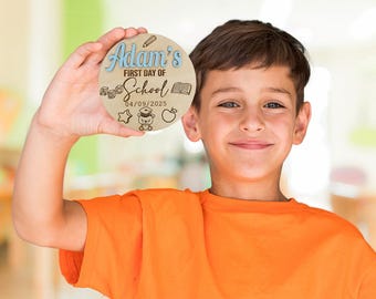 First Day School Nursery Reception Sign - Wooden Name Plaque, Milestone Disc, Back to School Photo Prop, First Day Gift, Preschool Keepsake