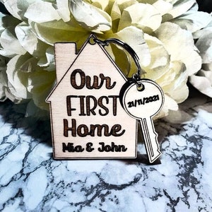 Personalised Our First Home Keychain, Housewarming Party Gift, Wooden Keyring, New Home Ornament, House warming, Moving Present,
