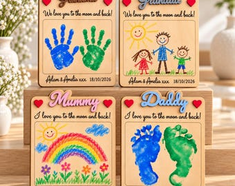 Handprint Gift, Footprint Gift, Kids Drawing Gift, Mothers Day Gift, Fathers Day Gift, Grandad Gift, Grandma Gift, Wood Plaque, DIY Keepsake