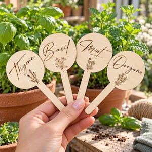 Personalised Wooden Plant Markers, Engraved Herb & Vegetable Labels, Custom Names and Botanical Illustrations, Birch Plywood, Sets of 1-40