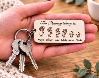 Personalised Mummy Keyring with Children's Names, This Mummy Belongs To Wooden Keychain, Mother's Day Gift, Grandma Gift, Mum Birthday Gift