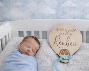 Personalised Baby Arrival Sign | Hello World | Welcome To The World | Baby Name Plaque | Baby Name Sign | Balloon Plaque | Rainbow Baby
