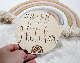 Personalised Baby Name Sign, Engraved Baby Name Plaque, Hello World, Baby Due, Baby Rainbow Plaque, Pregnancy Annoucement, Baby Arrival Disc