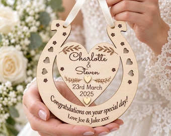 Personalised Wedding Horseshoe Gift, Wooden Lucky Keepsake for Bride and Groom, Mr and Mrs, Custom Names, Date & Message, Ivory Satin Ribbon