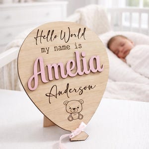 Baby Announcement Balloon Plaque | Hello World | Welcome To The World | Baby Name Sign | Birth Announcement | Personalised Baby Gifts | Sign image 2