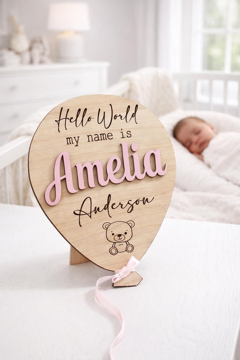 Baby Announcement Balloon Plaque | Hello World | Welcome To The World | Baby Name Sign | Birth Announcement | Personalised Baby Gifts | Sign image 2