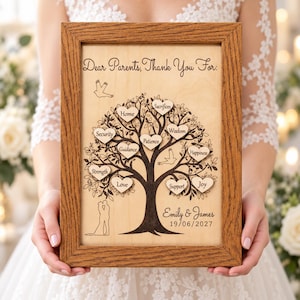 Personalised Wedding Gifts for Parents, Mother of the Bride Gift, Father of the Groom Gift, A4 Wooden Thank You Tree, Mum and Dad Keepsake