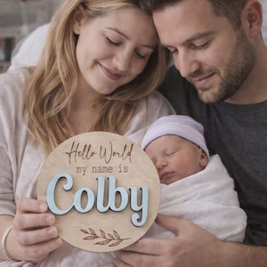 Personalised Baby Arrival Sign | Custom Baby Name Announcement | Baby Announcement Plaque | Social Media Prop | Hello World My Name Is