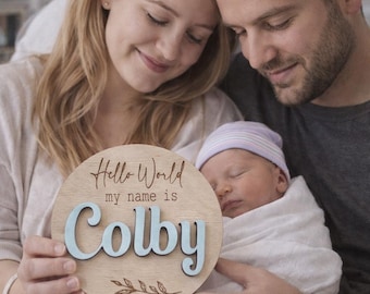 Personalised Baby Arrival Sign | Custom Baby Name Announcement | Baby Announcement Plaque | Social Media Prop | Hello World My Name Is