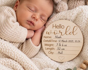 Hello World My Name Is Sign l Engraved Baby Name Plaque | Wooden Birth Gift | Social Media Photo Prop Disc | Personalised Baby Arrival Sign