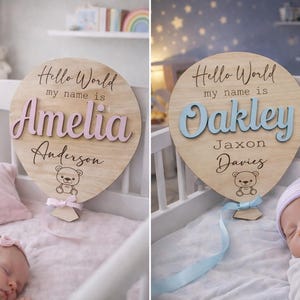 Baby Announcement Balloon Plaque | Hello World | Welcome To The World | Baby Name Sign | Birth Announcement | Personalised Baby Gifts | Sign image 3