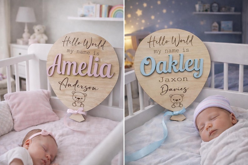 Baby Announcement Balloon Plaque | Hello World | Welcome To The World | Baby Name Sign | Birth Announcement | Personalised Baby Gifts | Sign image 3