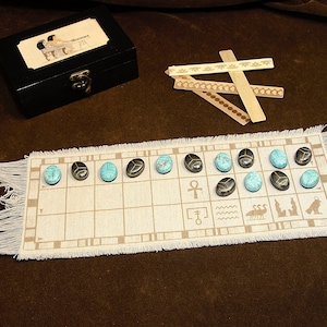 Senet, Ancient Egyptian Board Game with Handcrafted Scarab Pieces, Canvas Board, and Engraved Wooden Box or Velvet Bag.