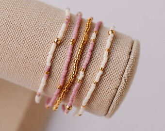 Juego de pulseras de cuentas pequeñas, pulseras delicadas, pulseras elásticas, pulsera de cuentas de semillas, pulsera delicada para mujer, pulsera minimalista, oro