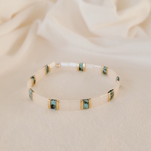 Tila Bracelet, Flat Bead Bracelet, Women&#39;s Beaded Bracelet, Teen Jewelry, Stretchy Bracelet, Tila Beads, Tile Bracelet, Turquoise, Gold