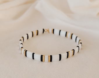 Bracciale Tila, Bracciale con perline piatte, Bracciale con perline per donna, Gioielli per adolescenti, Bracciale elastico, Perline Tila, Bracciale Tile, Oro, Bianco
