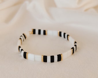 Tila Bead Bracelet, Black White Gold, Stretchy Tile Bracelet