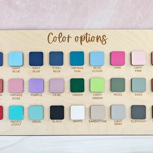 May include: Colour options chart with 24 colour swatches. The colours include blue, light blue, navy blue, steel blue, vintage teal, blue cloud, pink, light pink, fire coral, salmon coral, vintage rose, purple, lilac, green, light green, moss, sage, orange, red, pacific coast, aqua, black, white, sandstone, light grey, elephant, and metallic rose.