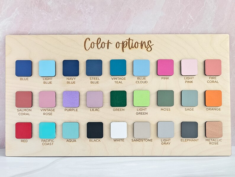 May include: Colour options chart with 24 colour swatches. The colours include blue, light blue, navy blue, steel blue, vintage teal, blue cloud, pink, light pink, fire coral, salmon coral, vintage rose, purple, lilac, green, light green, moss, sage, orange, red, pacific coast, aqua, black, white, sandstone, light grey, elephant, and metallic rose.