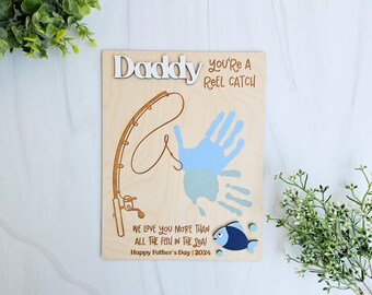 Personalized Fishing Handprint Sign, Father's Day Gift for Dad, Grandpa, Baltic Birch Keepsake