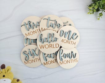 Sage Green Baby Milestone Discs Wooden, Monthly Markers for Newborn Photo Props