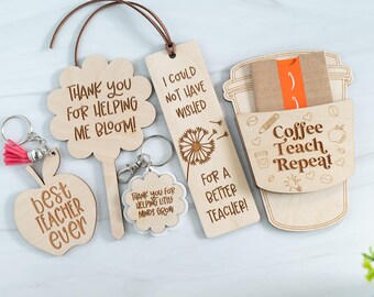 Wooden Teacher Gift Set, Appreciation Bookmark, Keychain, Desk Accessory