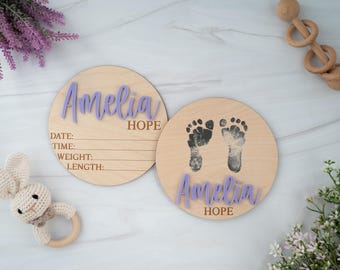 Birth Announcement Sign with Footprint, Baby Name Sign for Hospital, Newborn Name Reveal Disc, Personalized Baby Keepsake, Custom Baby Gift