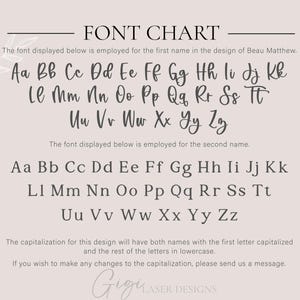 May include: Font chart displaying the alphabet in uppercase and lowercase letters. The font is used for the first name in the design of Beau Matthew and the second name in lowercase. The capitalisation for this design will have both names with the first letter capitalised and the rest of the letters in lowercase. If you wish to make any changes to the capitalisation, please send us a message. Gigi Laser Designs.