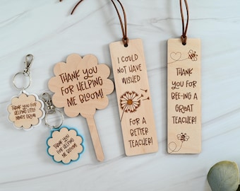 Wooden Teacher Gift Set, Engraved Bookmarks, Keychains, Desk Accessory