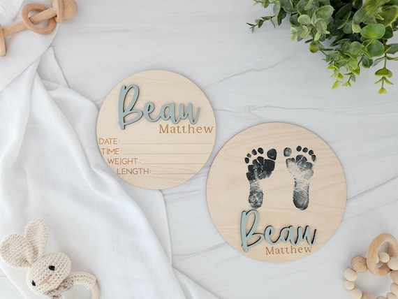 Baby Announcement Plaque for Hospital | Wooden Name Reveal Plate | Newborn Photo Prop with Birth Stats | Baby Hospital Sign | Footprint Sign