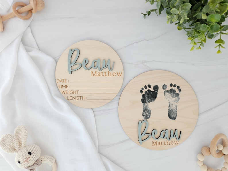 Custom baby name sign for hospital with birth stats and footprint keepsake, wooden newborn announcement plaque with 3D acrylic name, minimalist baby gift.