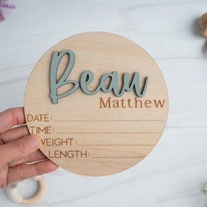 Personalized baby birth stats sign with 3D acrylic name, wooden baby announcement plaque for hospital, custom newborn name sign with date, time, weight and length.