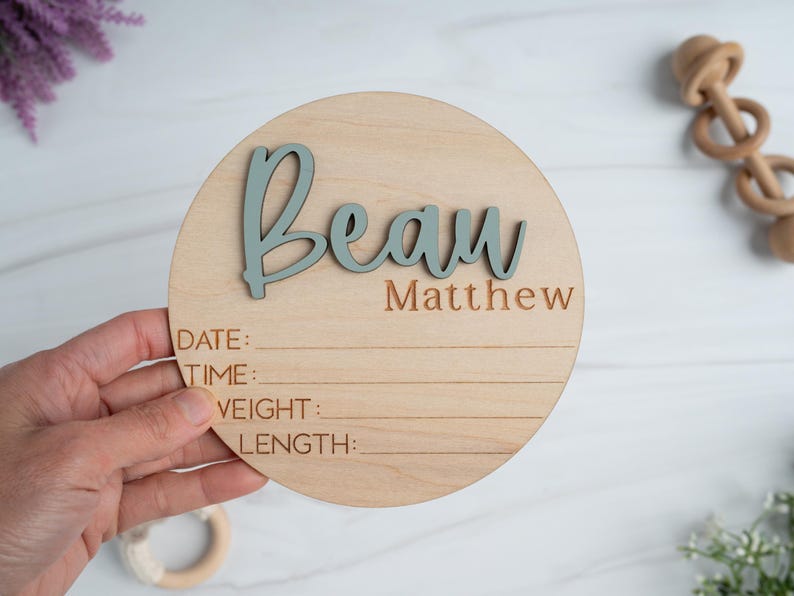 Personalized baby birth stats sign with 3D acrylic name, wooden baby announcement plaque for hospital, custom newborn name sign with date, time, weight and length.