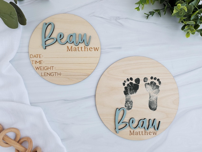 Custom baby name sign for hospital with birth stats and footprint keepsake, wooden newborn announcement plaque with 3D acrylic name, minimalist baby gift