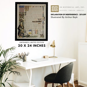 May include: A framed print of the Declaration of Independence illustrated by Arthur Szyk. The print is in a black frame and has a white background. The text of the Declaration is in black and red ink. The print is 20 inches by 24 inches.