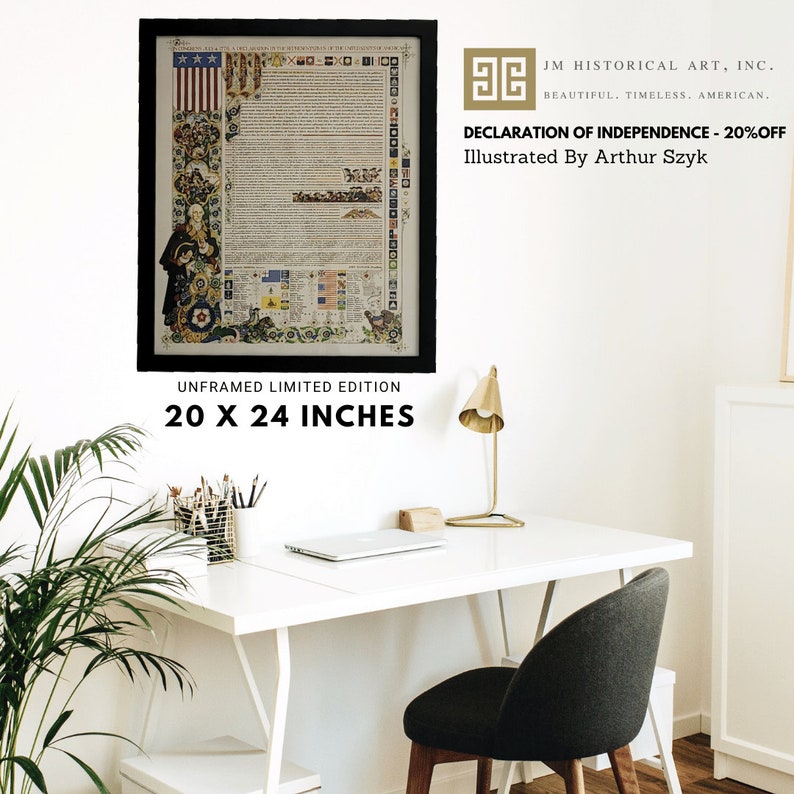 May include: A framed print of the Declaration of Independence illustrated by Arthur Szyk. The print is in a black frame and has a white background. The text of the Declaration is in black and red ink. The print is 20 inches by 24 inches.