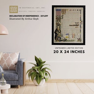 May include: A framed print of the Declaration of Independence illustrated by Arthur Szyk. The print is in a black frame and is 20 inches by 24 inches. The print is a limited edition and is unframed.