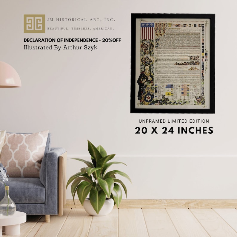May include: A framed print of the Declaration of Independence illustrated by Arthur Szyk. The print is in a black frame and is 20 inches by 24 inches. The print is a limited edition and is unframed.